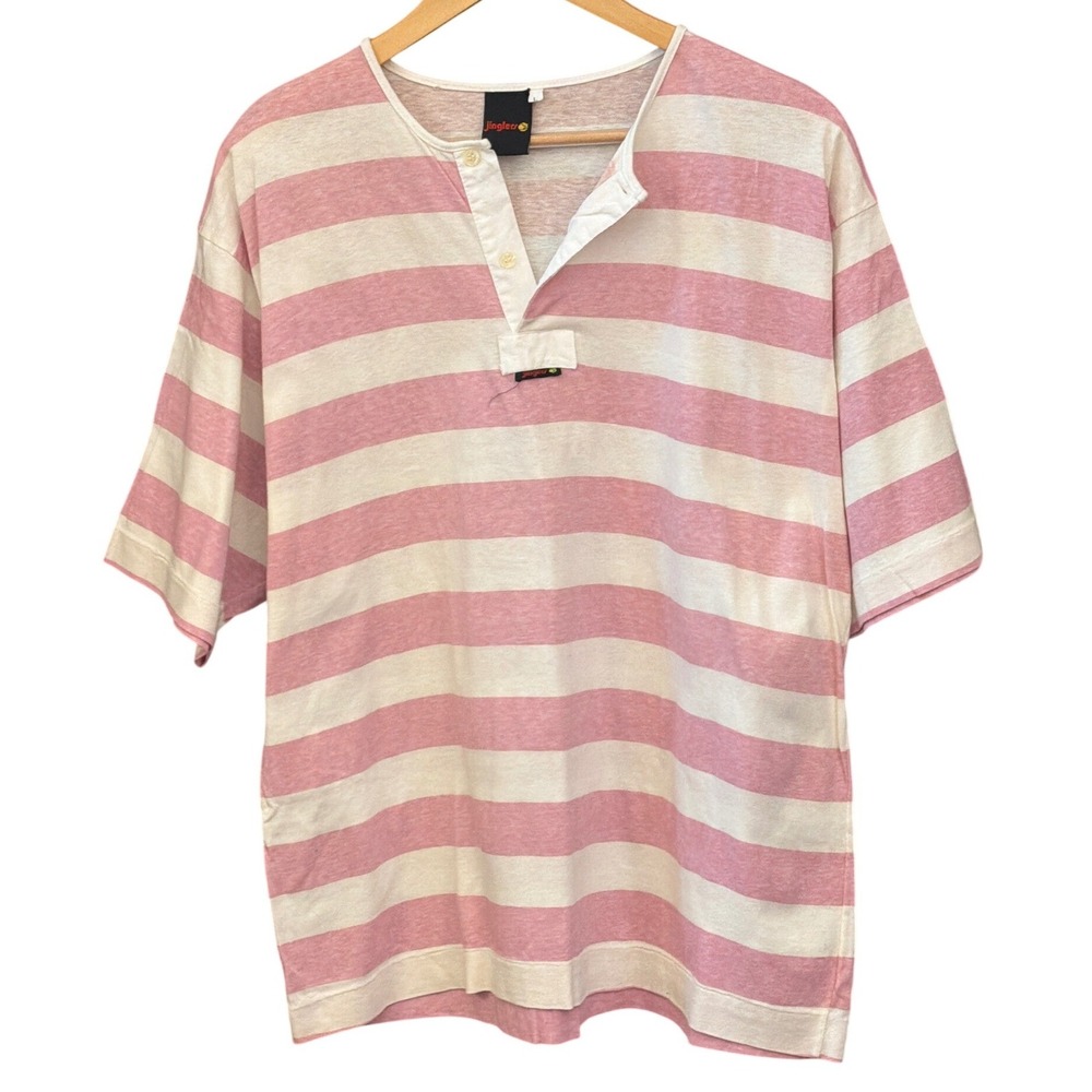 Vintage 90's Jinglers Striped Henley Shirt Pink White Retro Coastal Preppy